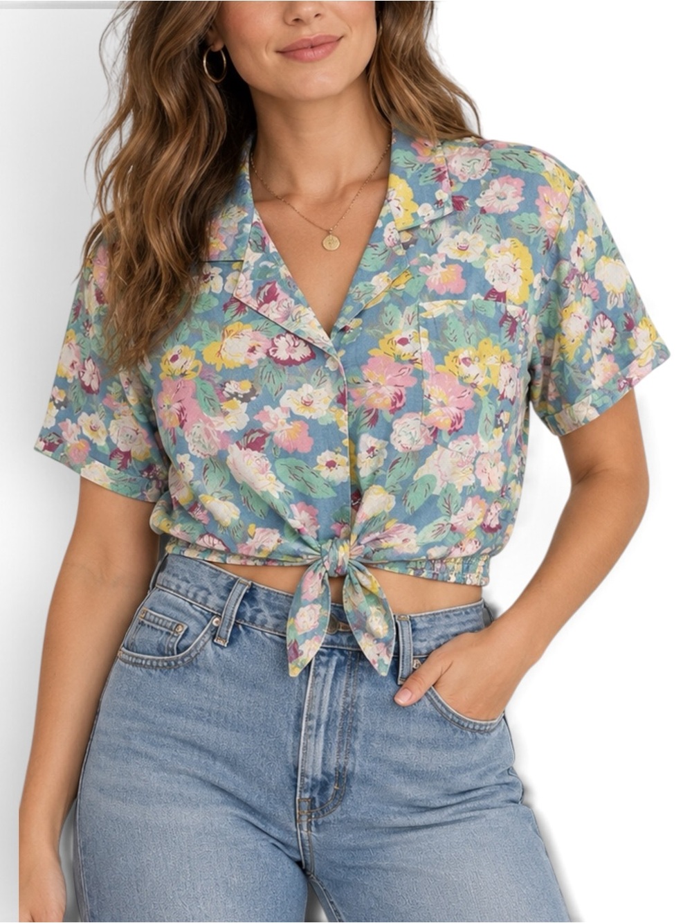 Adolfo Collectibles Vintage 90s Floral Crop Tie Front Blouse Shirt 7/8 Blue